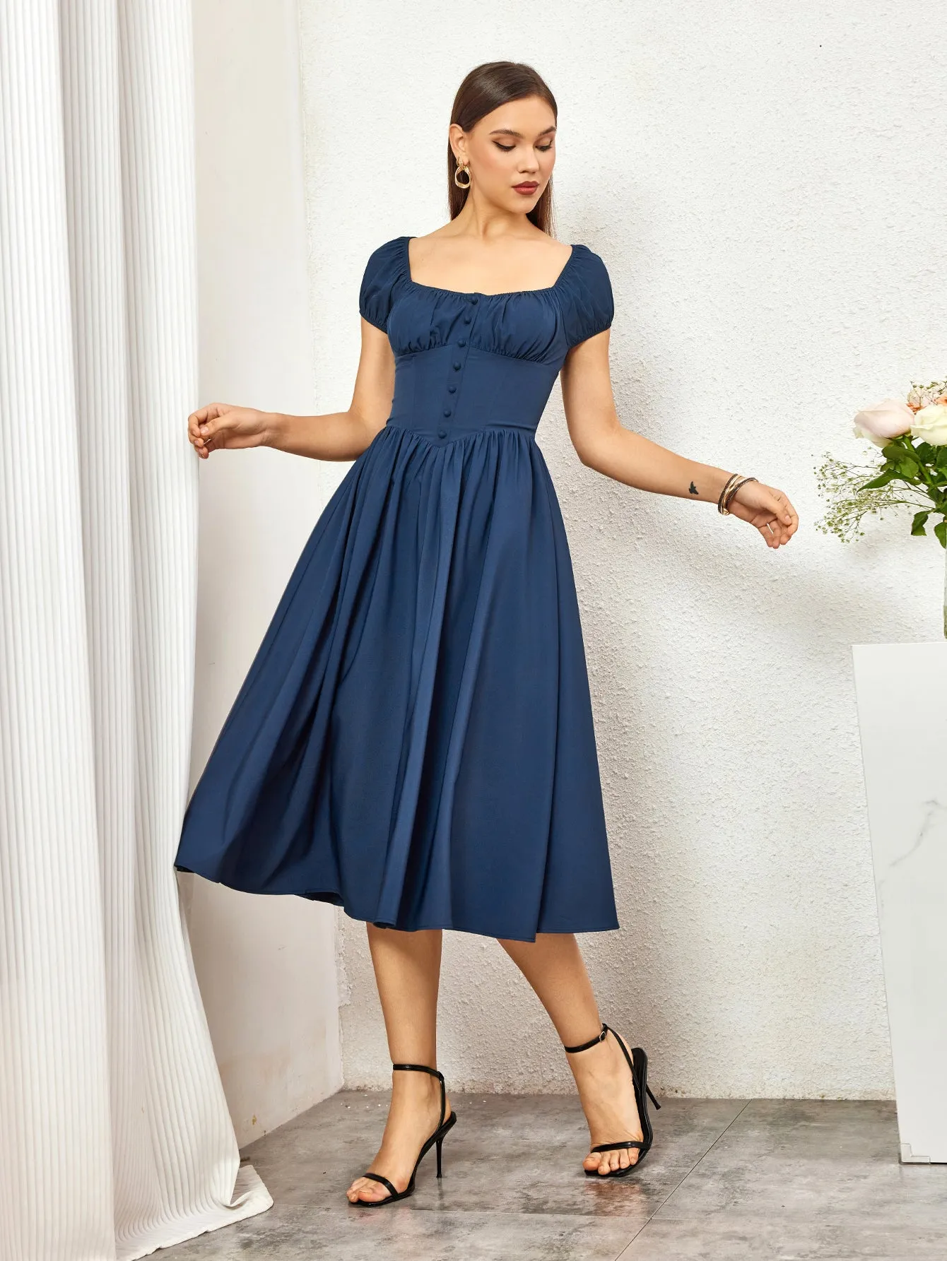 Puff Sleeve Ruched Bust Button Midi Dress