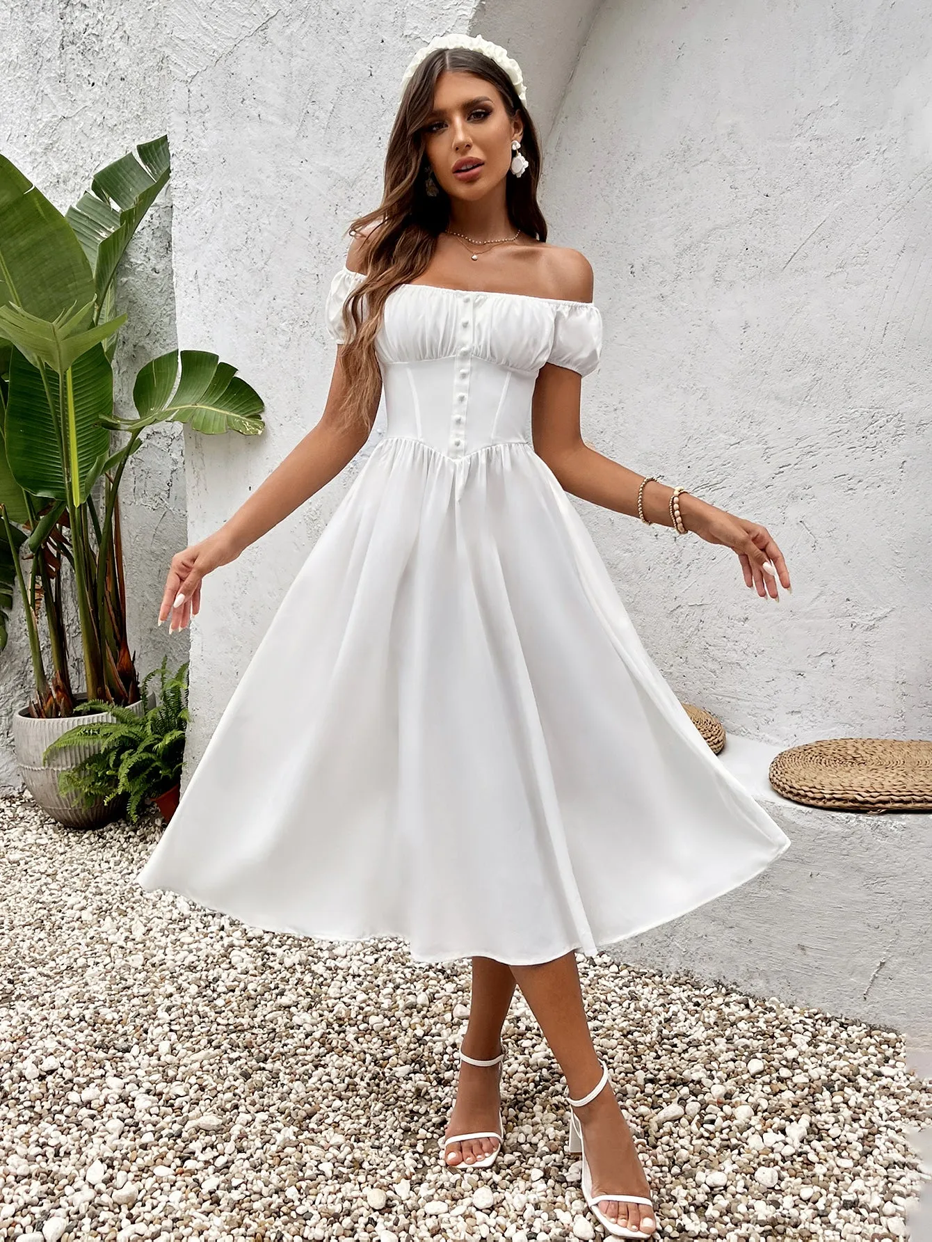 Puff Sleeve Ruched Bust Button Midi Dress