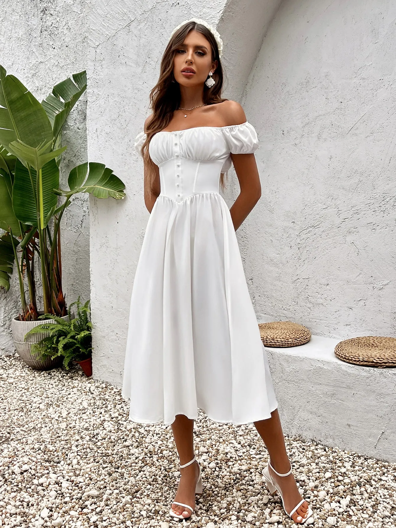 Puff Sleeve Ruched Bust Button Midi Dress