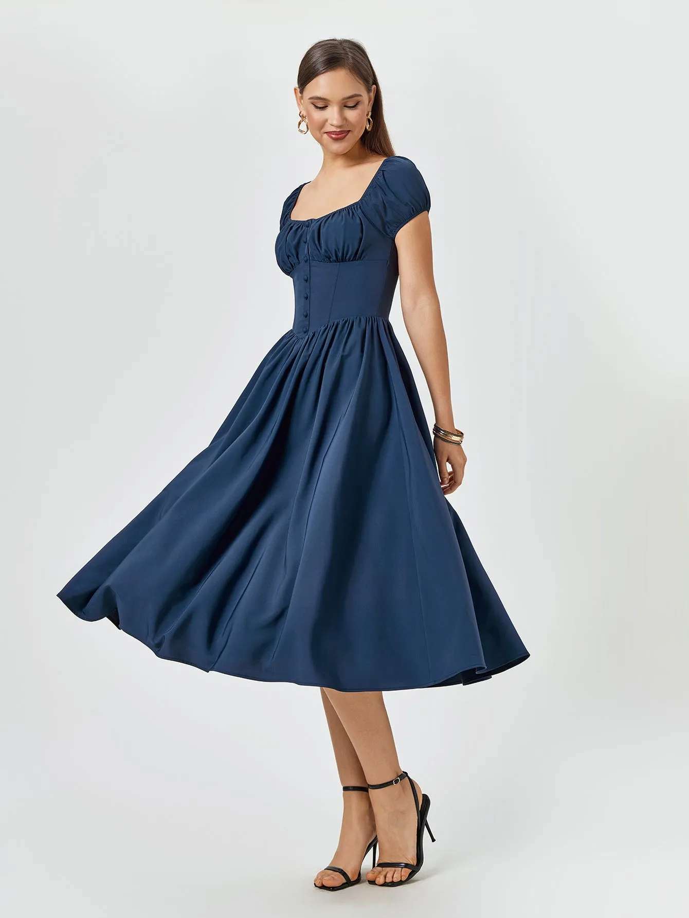 Puff Sleeve Ruched Bust Button Midi Dress