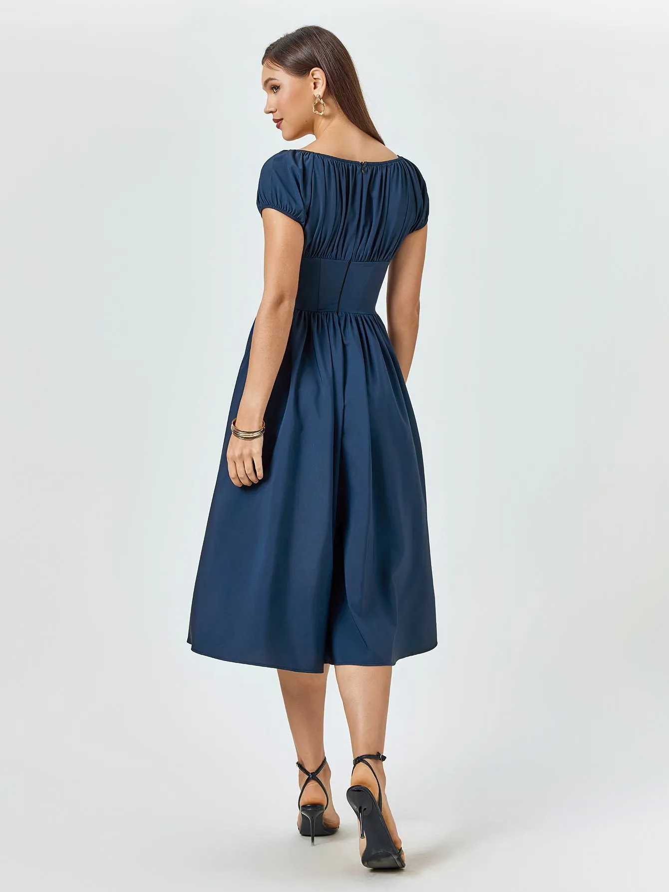 Puff Sleeve Ruched Bust Button Midi Dress