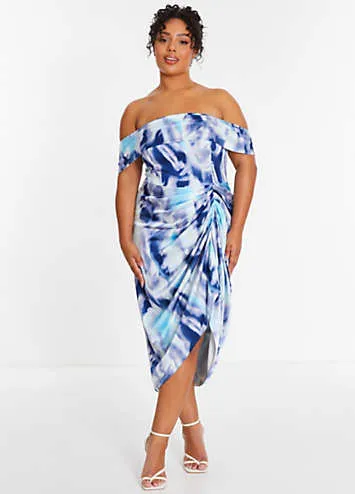 Quiz Curve Light Blue Marble Satin Bardot Ruched Midi Dress | Grattan