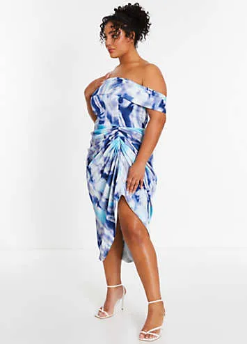 Quiz Curve Light Blue Marble Satin Bardot Ruched Midi Dress | Grattan