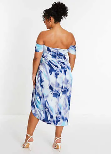 Quiz Curve Light Blue Marble Satin Bardot Ruched Midi Dress | Grattan