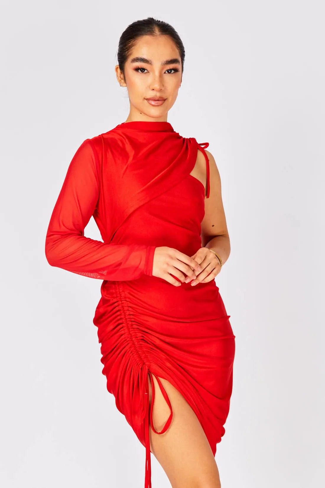 Red One Shoulder Slinky Ruched Midi Dress