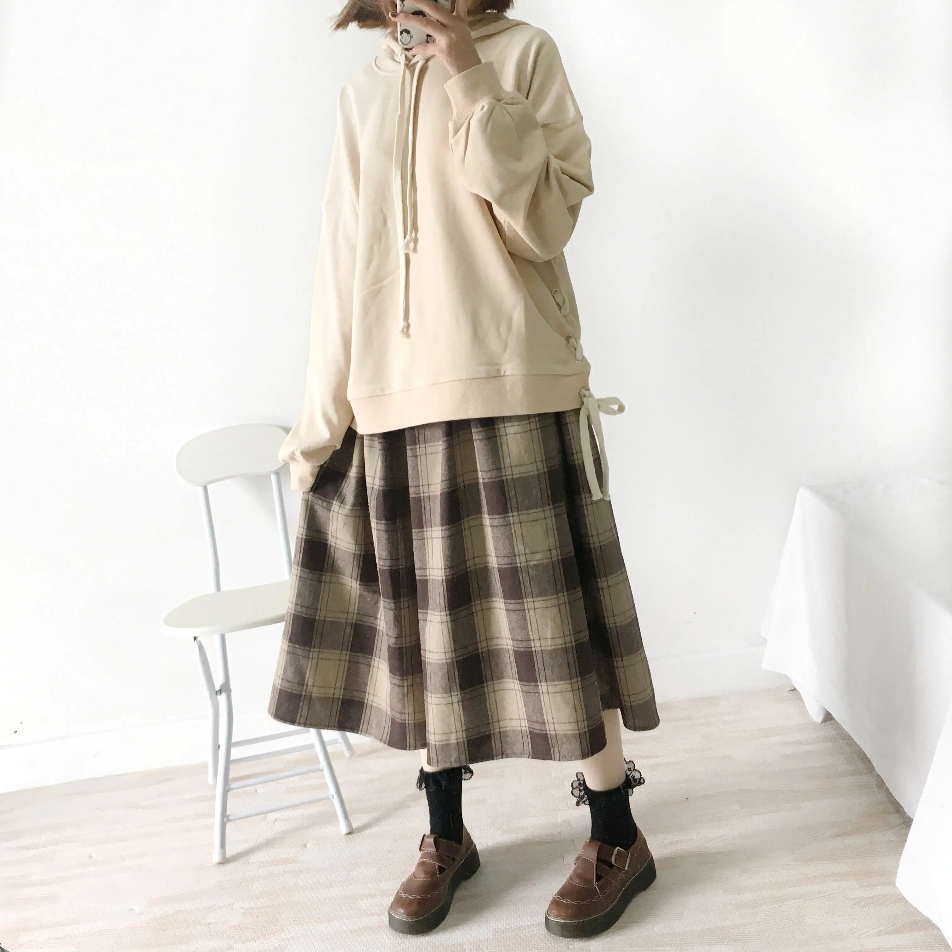 RETRO CHOCOLATE PLAID WOOL SKIRT BY61120