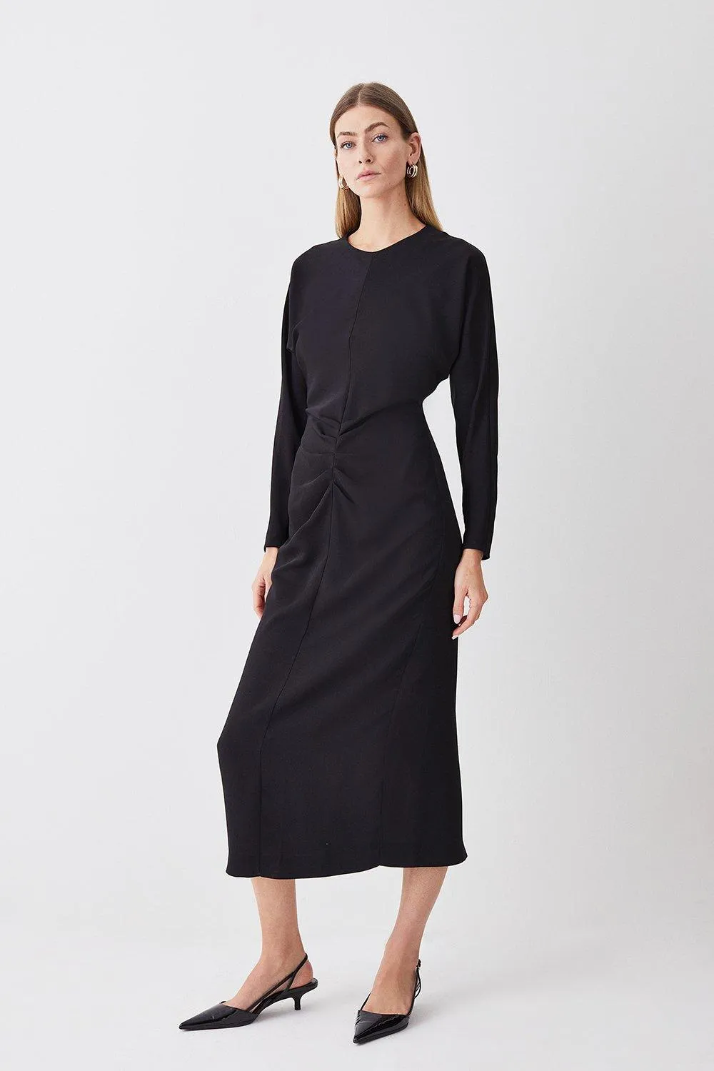 Ruched Crepe Rounded Sleeve Midi Dress | Karen Millen