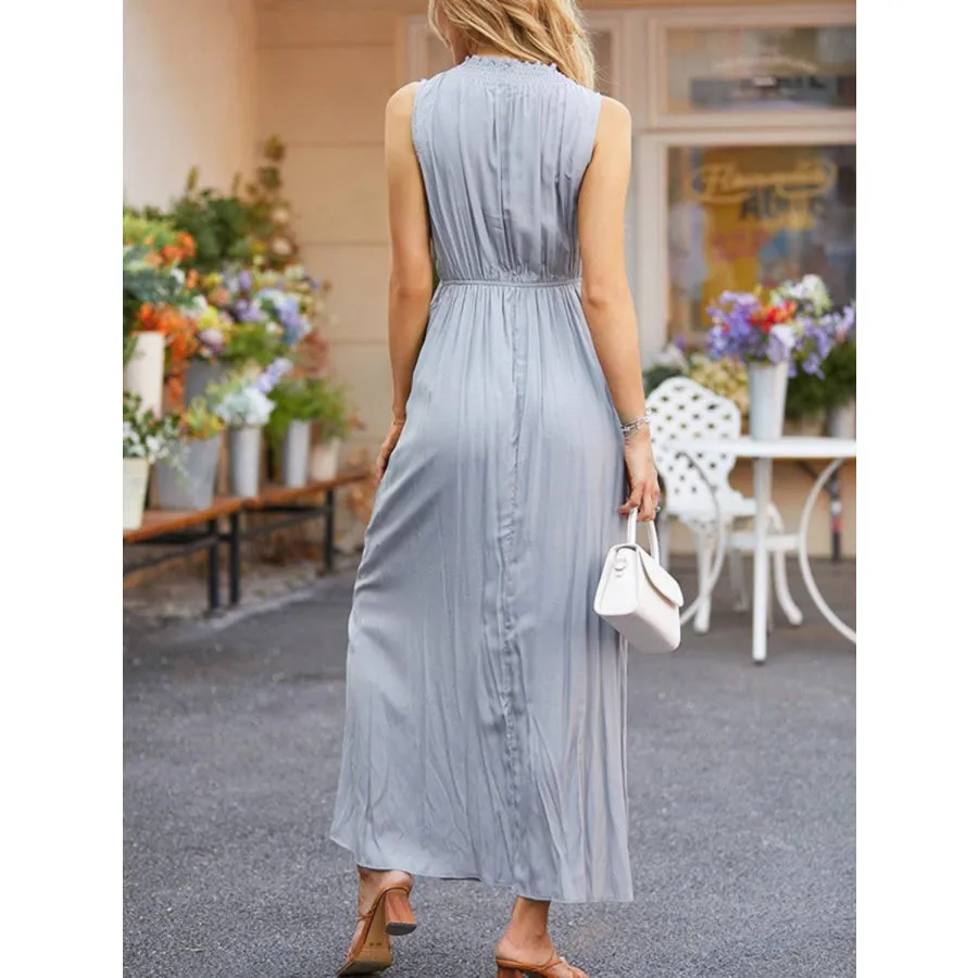 Ruched Notched Sleeveless Midi Dress