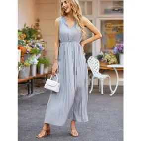 Ruched Notched Sleeveless Midi Dress