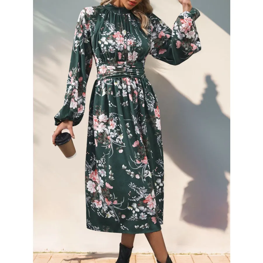 Ruched Printed Mock Neck Long Sleeve Midi Dress