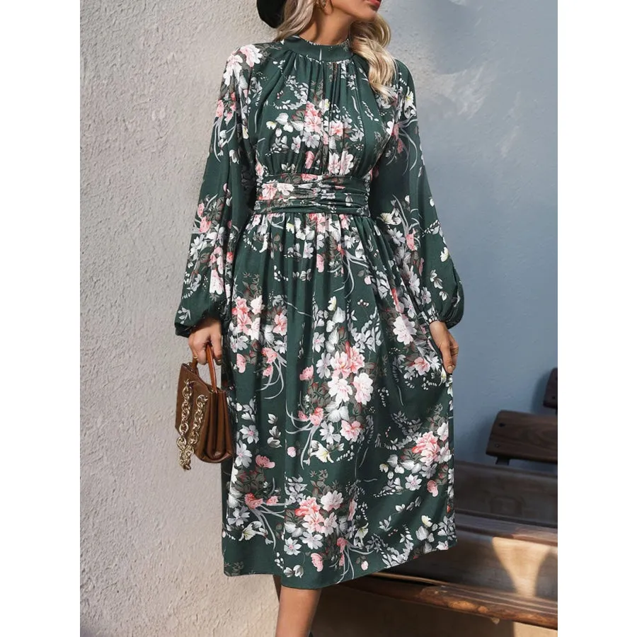 Ruched Printed Mock Neck Long Sleeve Midi Dress