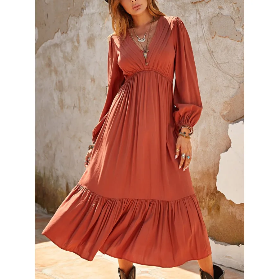 Ruched V-Neck Long Sleeve Midi Dress