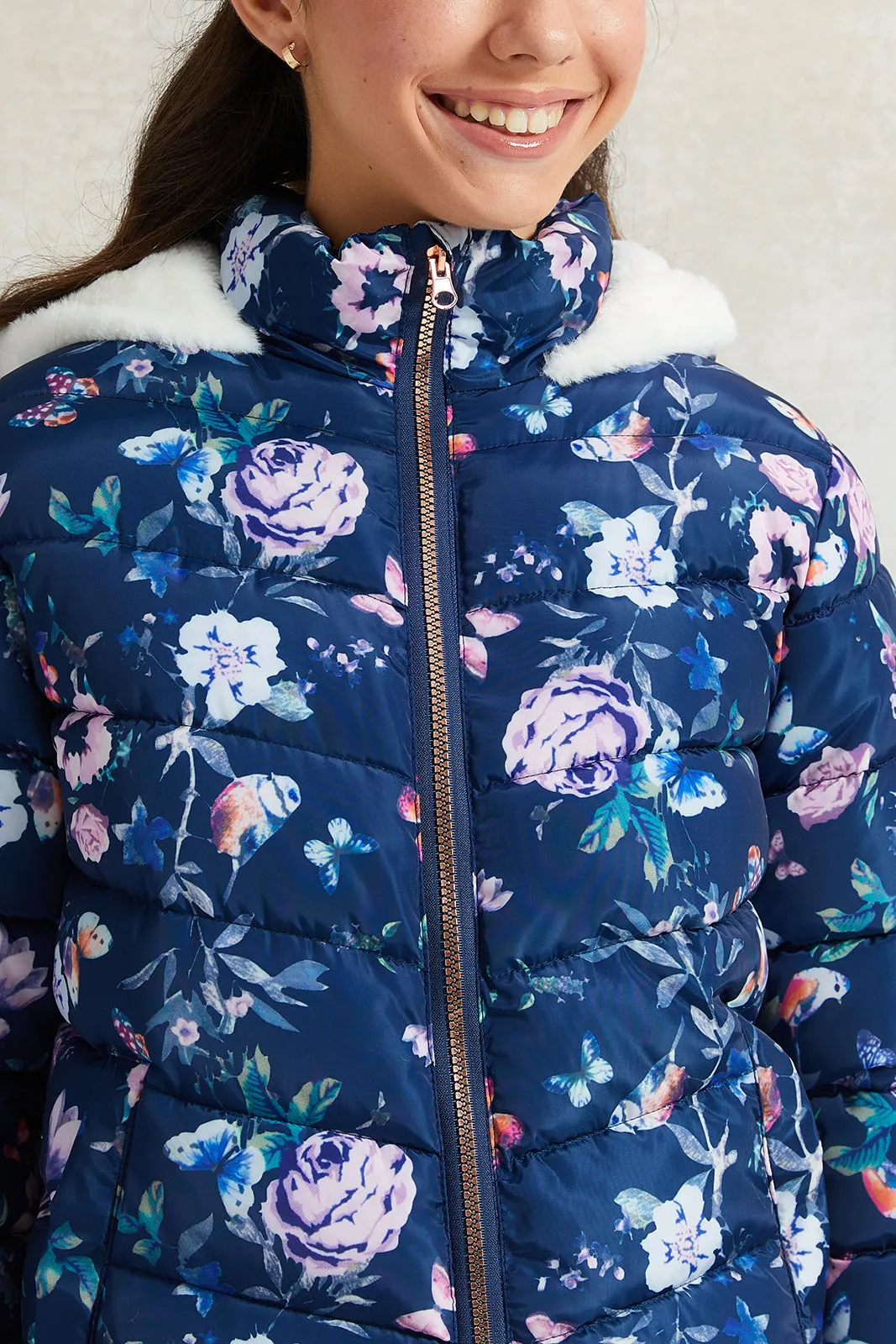 Senior Girls Navy Floral Print Hooded Padded Jacket