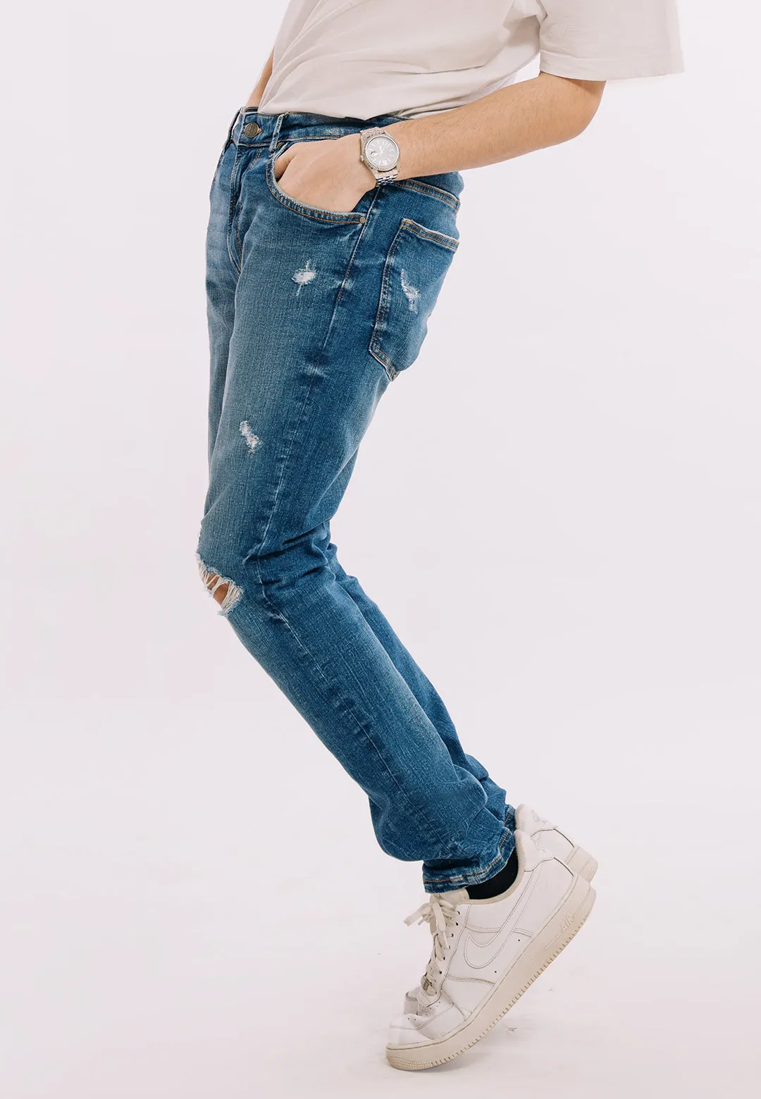 Skinny Fit Ripped Jeans - Mid Blue Wash