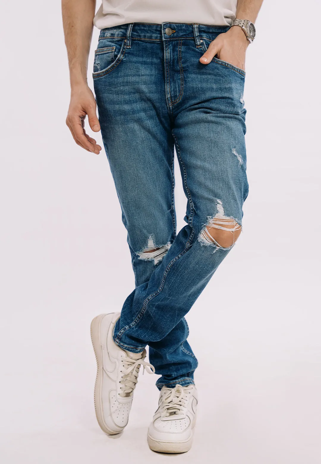 Skinny Fit Ripped Jeans - Mid Blue Wash