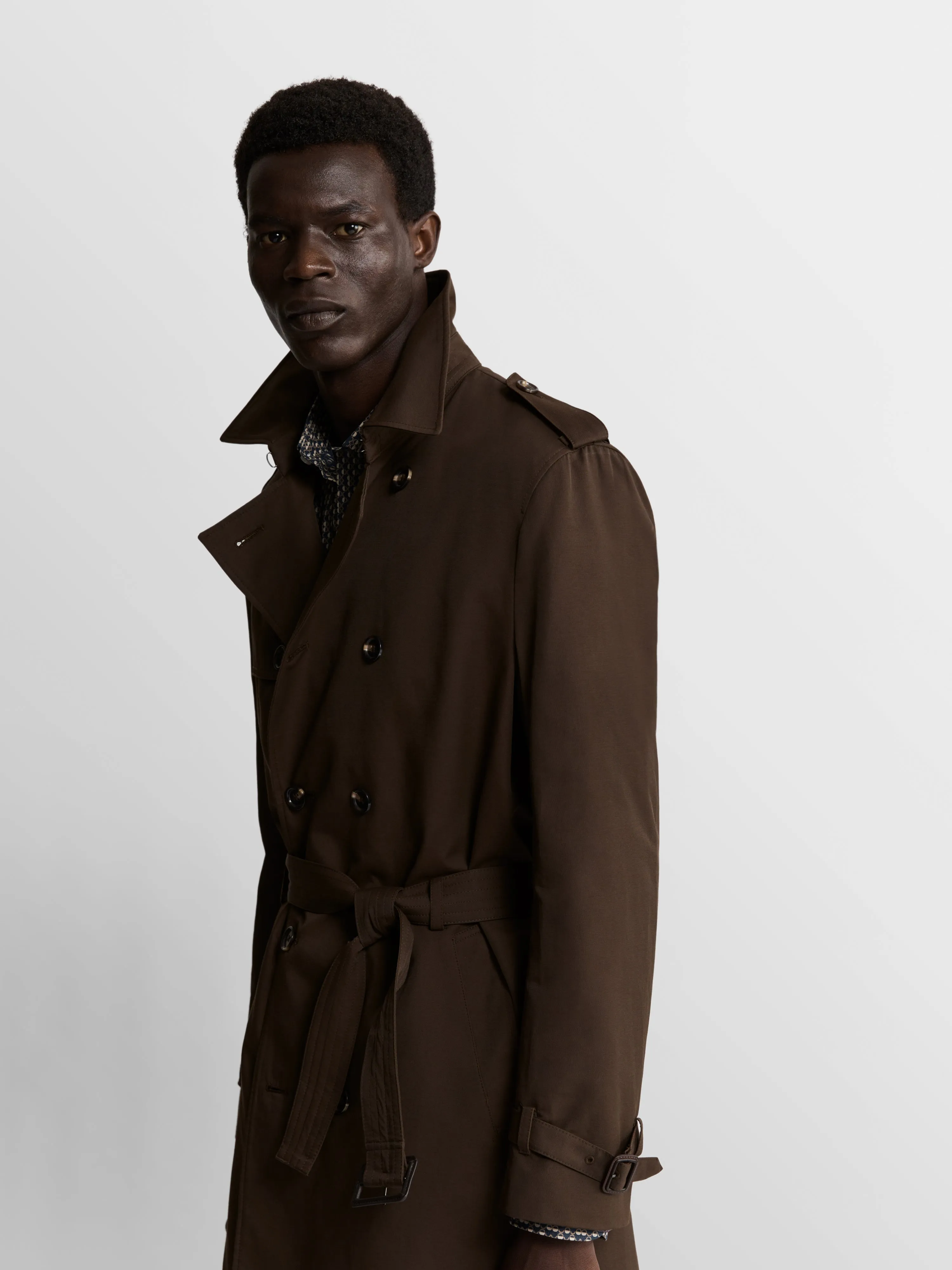 Spencer Slim Fit Trench Coat in Olive Showerproof Fabric