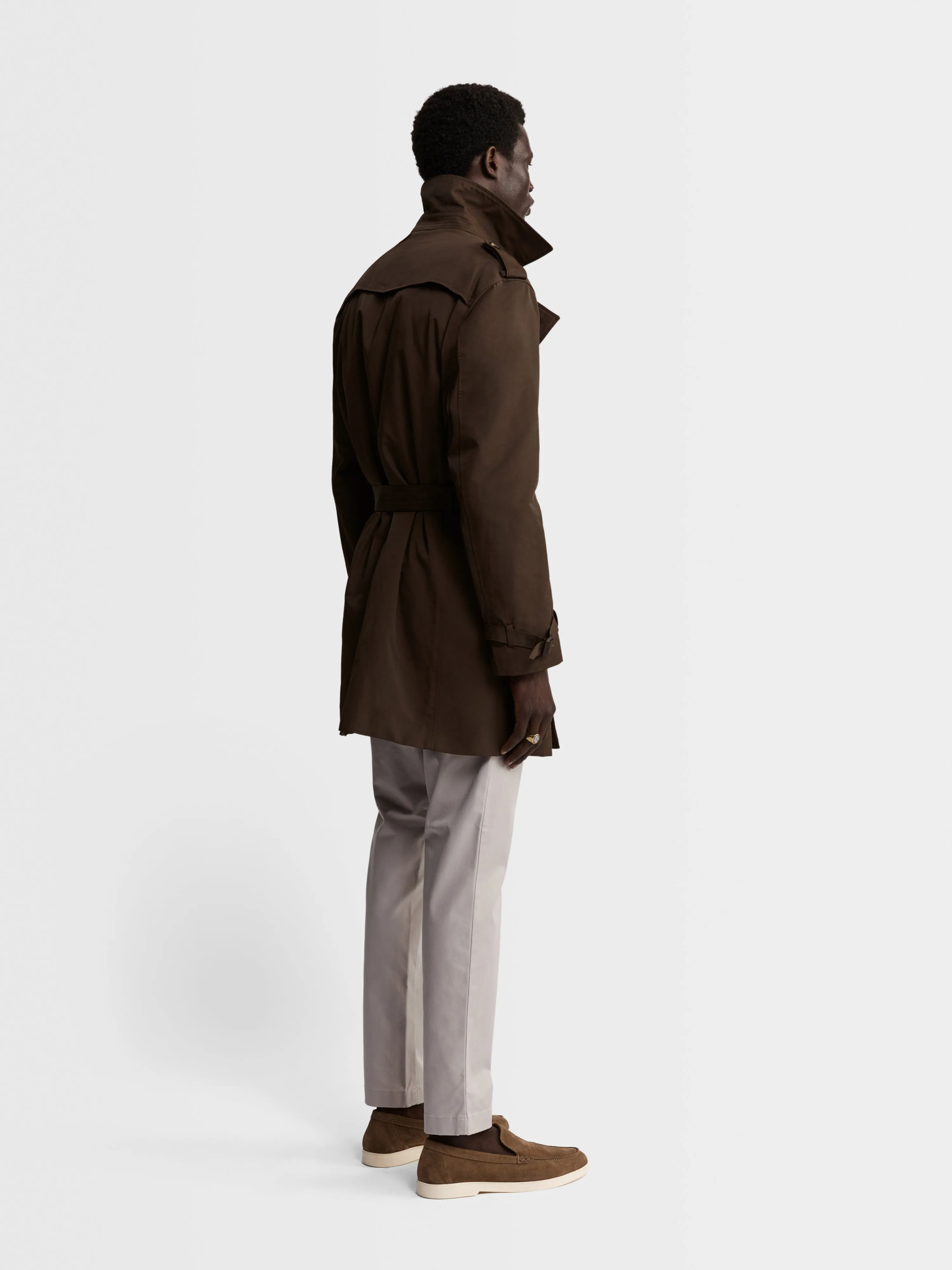 Spencer Slim Fit Trench Coat in Olive Showerproof Fabric