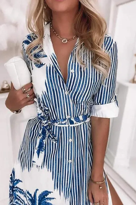 Striped Tropical Print High Slit Shirt Dress