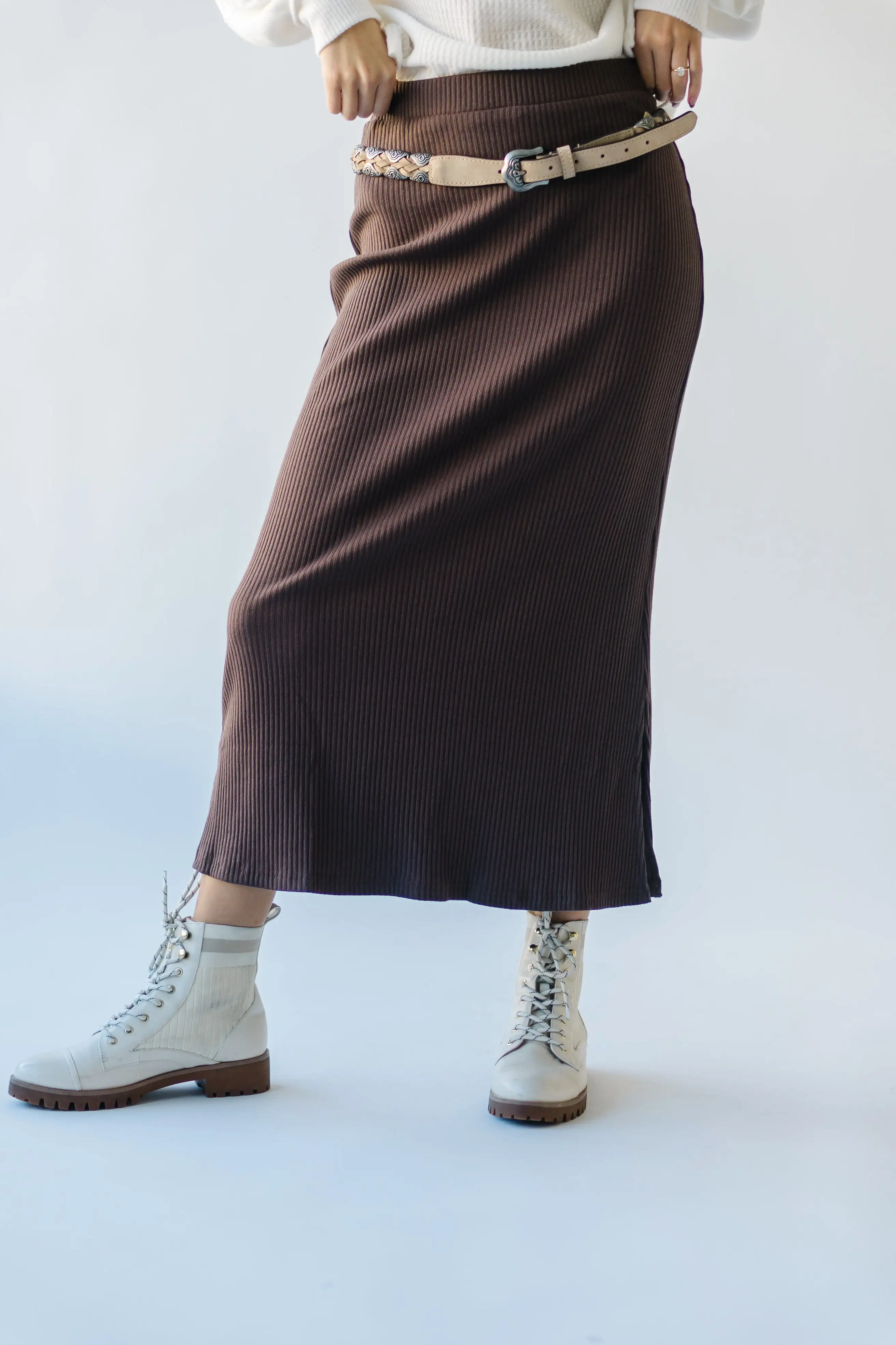 The Delphi Ribbed Midi Skirt in Chocolate Brown