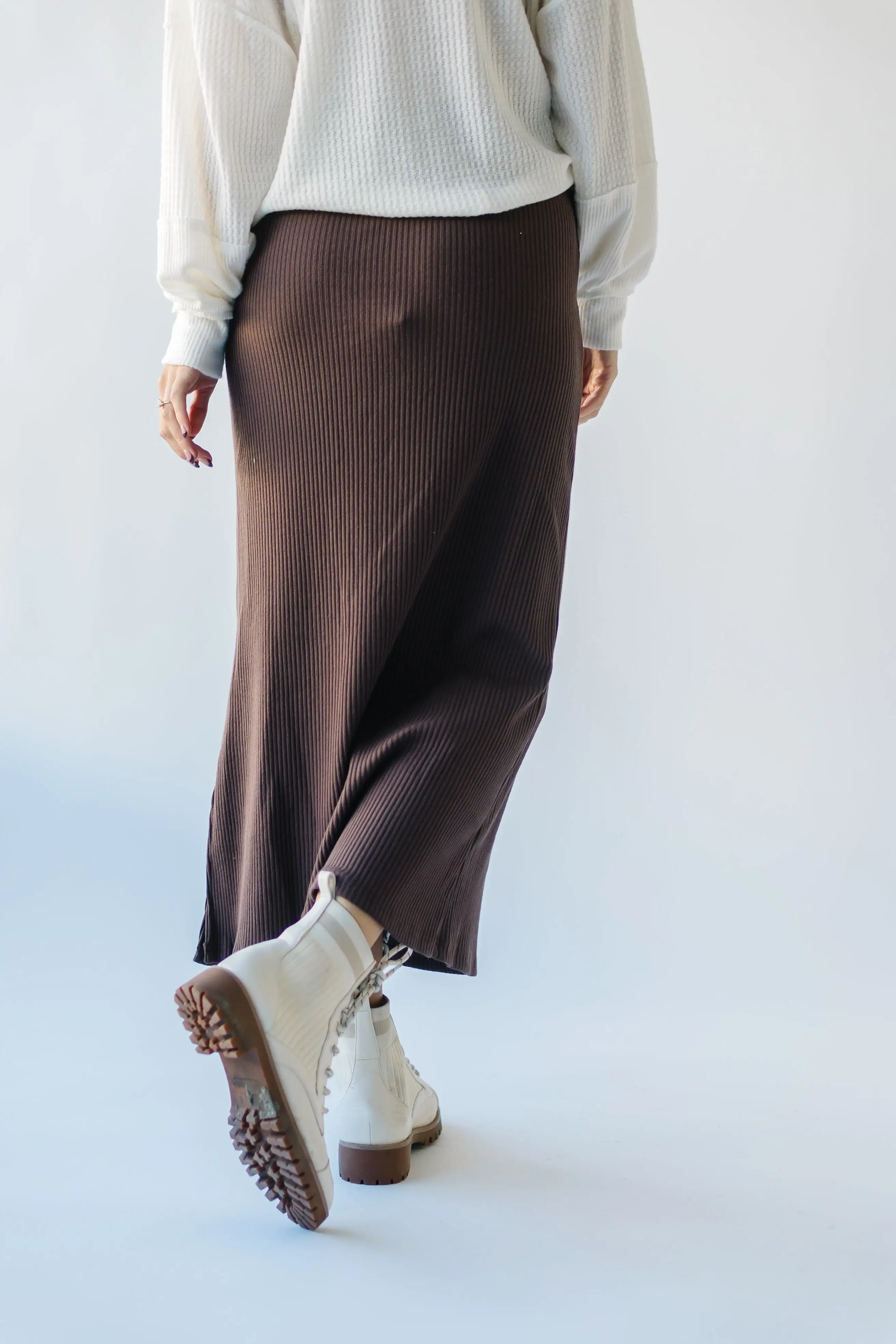 The Delphi Ribbed Midi Skirt in Chocolate Brown