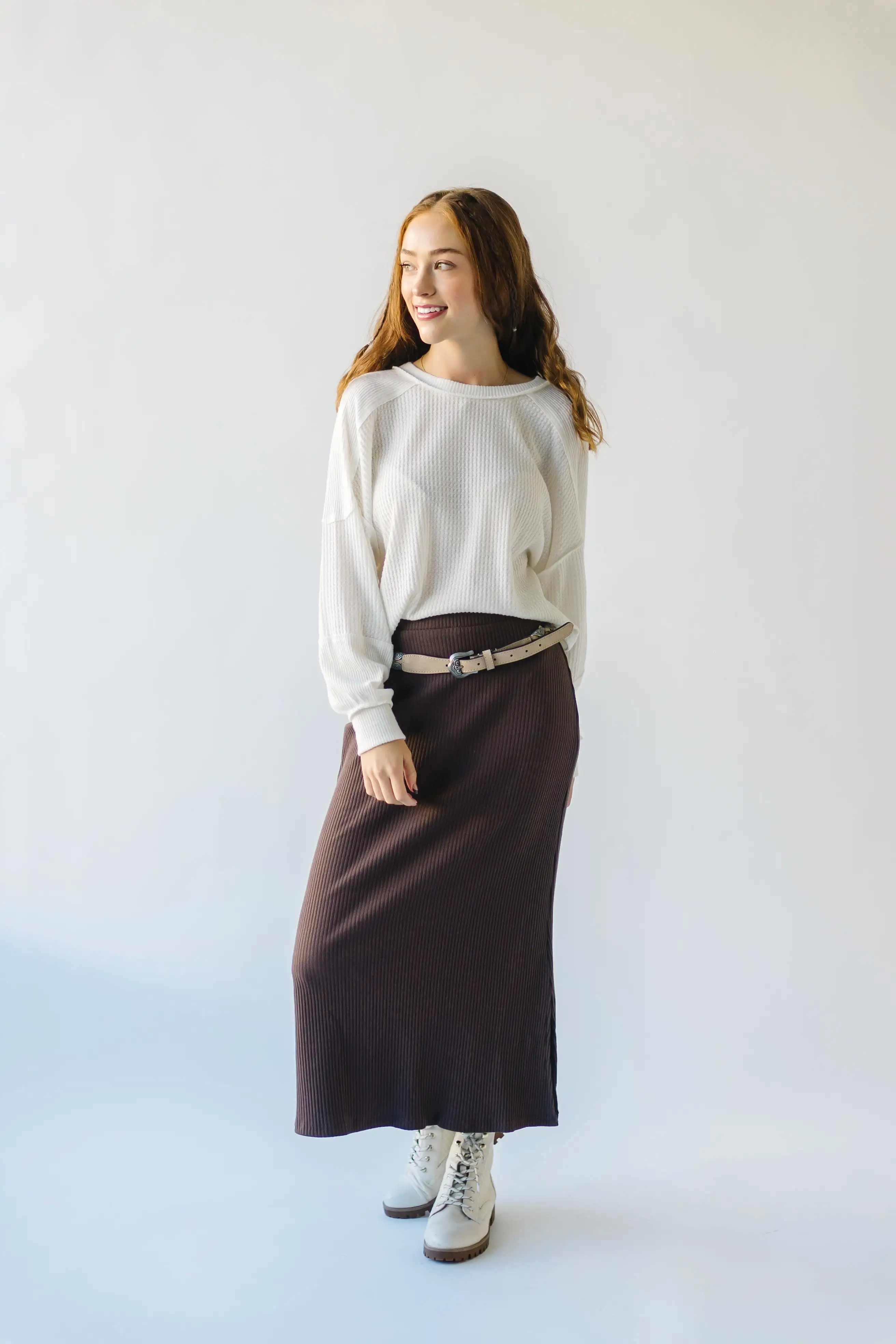 The Delphi Ribbed Midi Skirt in Chocolate Brown