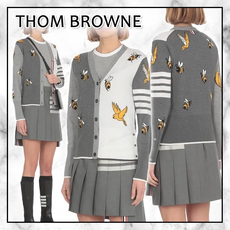 THOM BROWNE  |Stripes Casual Style Wool Long Sleeves Cotton Elegant Style