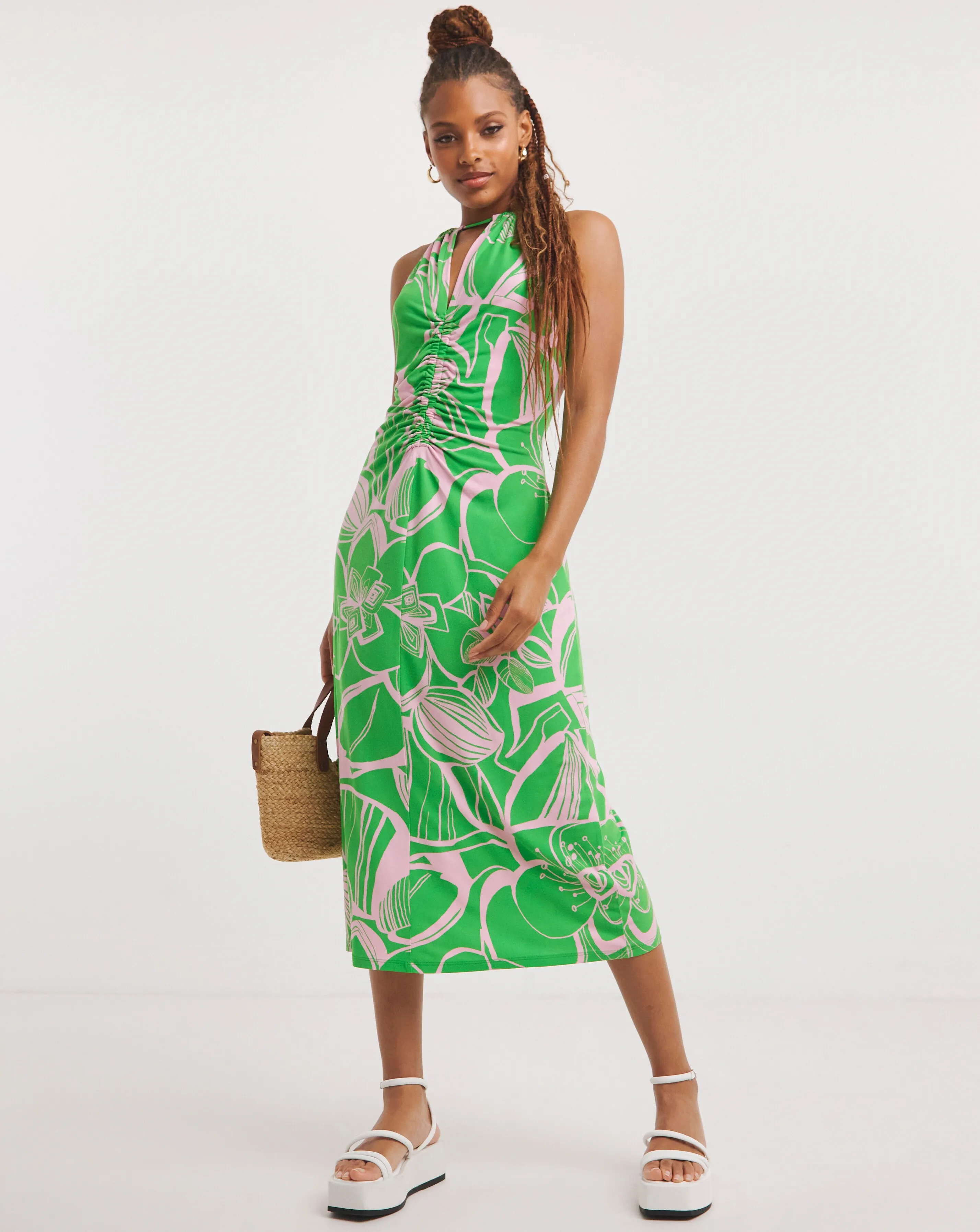 Tropical Floral Print Ruched Front Midi Dress | Simply Be