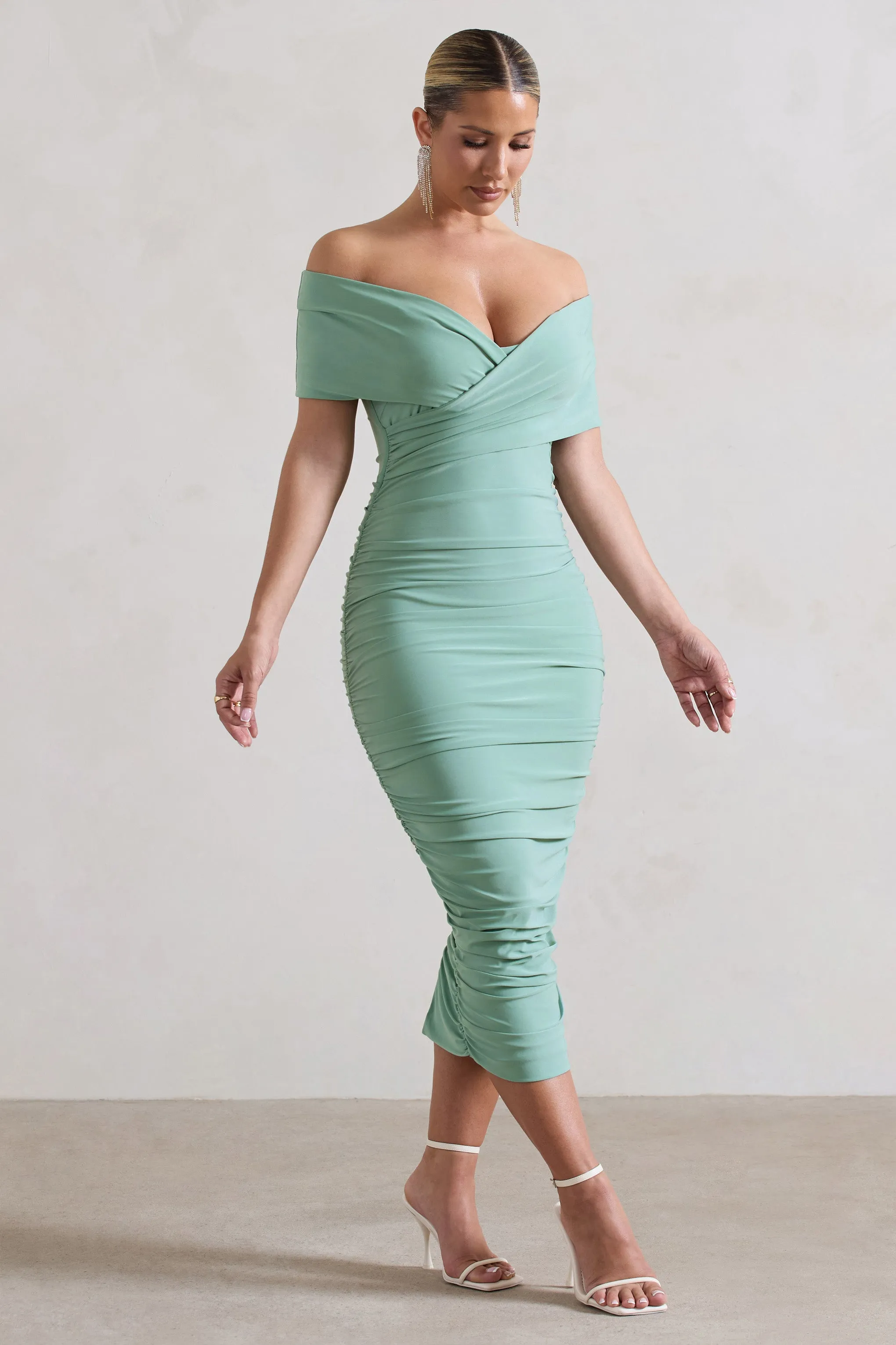 Unwrapped | Sage Ruched Twist Bardot Midi Dress