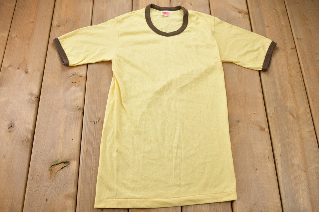 Vintage 1970s Stanfield's Yellow Brown Ringer Blank T-Shirt / 70s / Streetwear / Retro Style / Single Stitch / Made In Canada / 