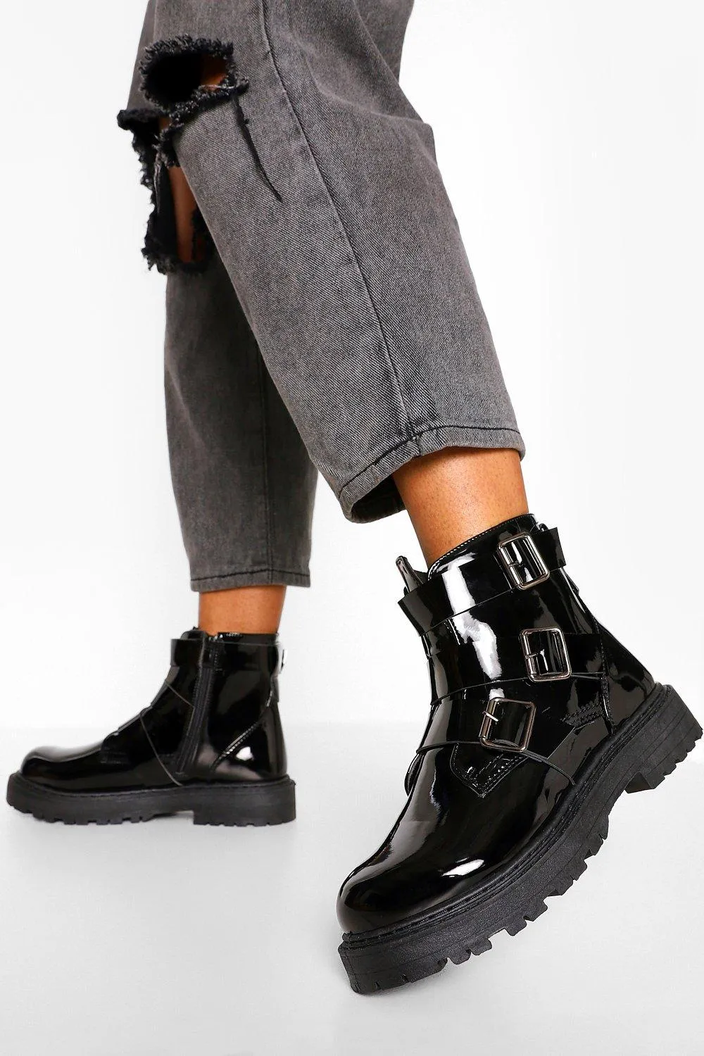 Wide Width Triple Buckle Biker Boots