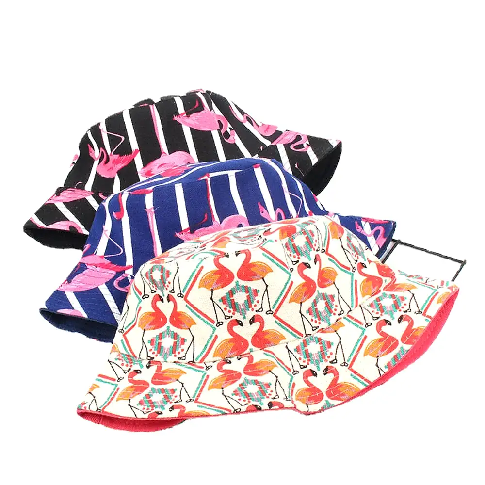 Women Print Flamingo Canvas Double-Sided Wear Outdoor Sunshade Fisherman Hat