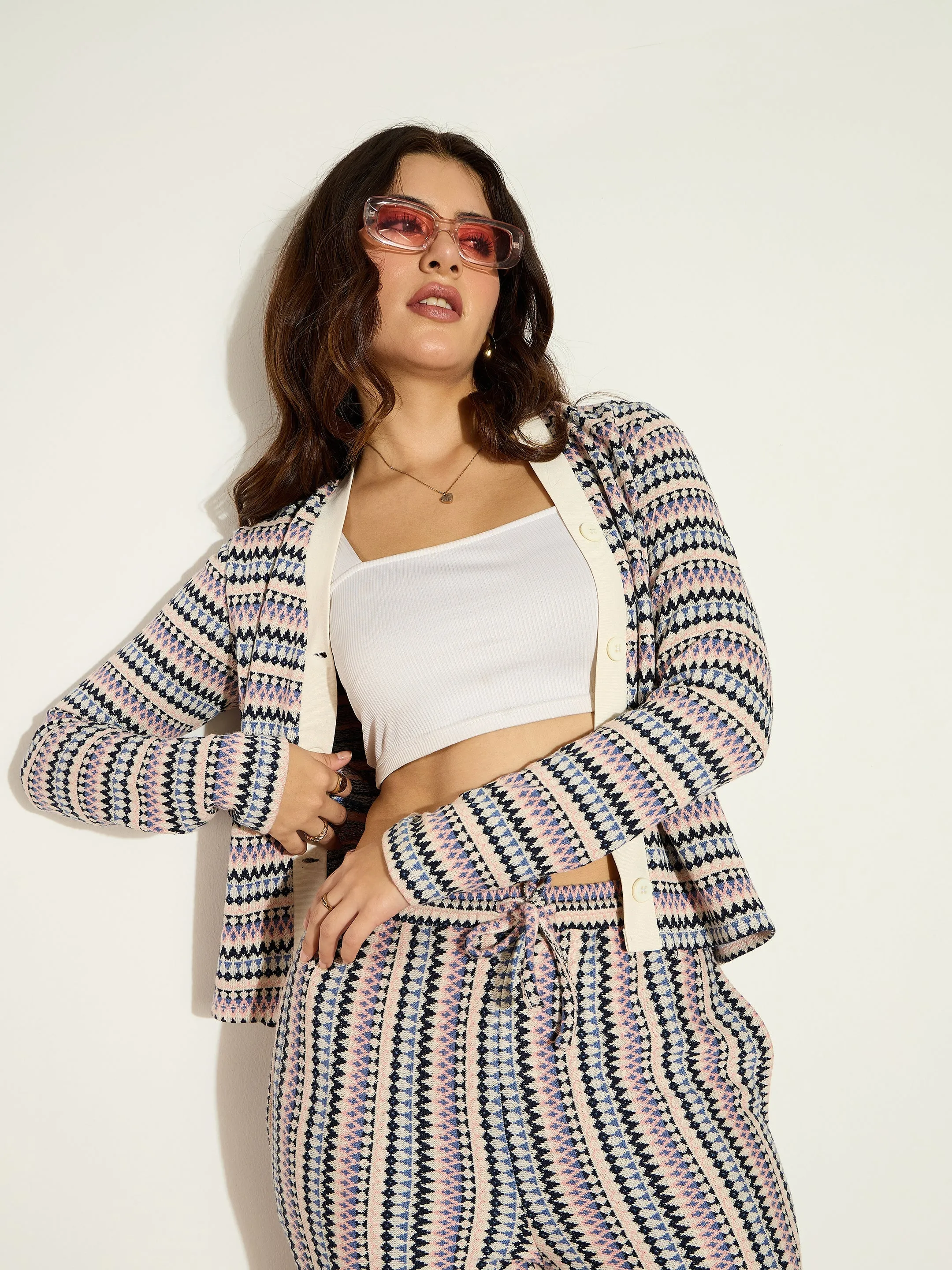 Women White Chevron Stripe Front Button Cardigan