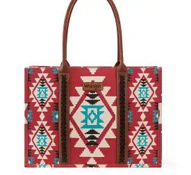 Wrangler Southwestern Pattern Dual Sided Print Canvas Wide Tote Burgandy