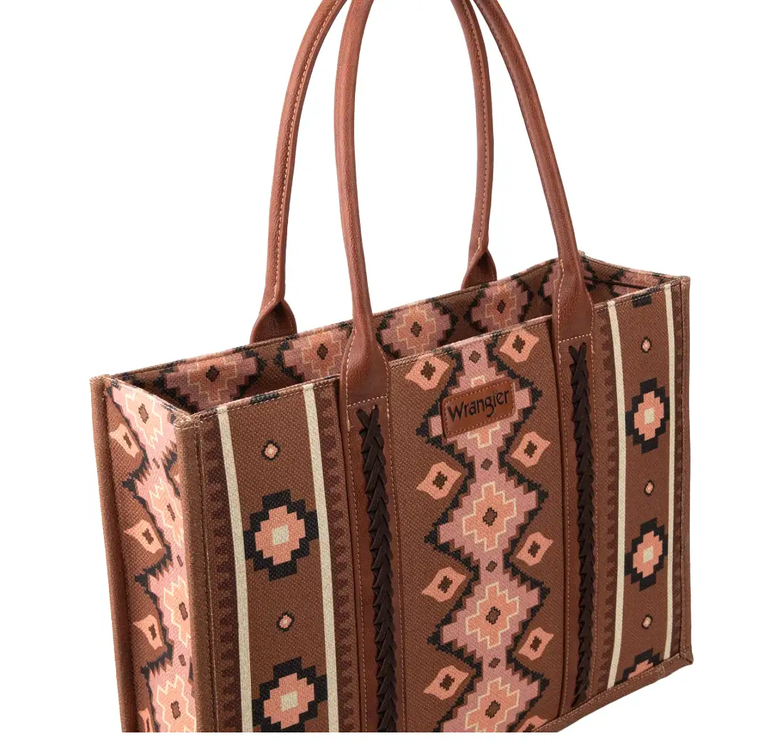 Wrangler Southwestern Pattern Dual Sided Print Canvas Wide Tote Dark Brown