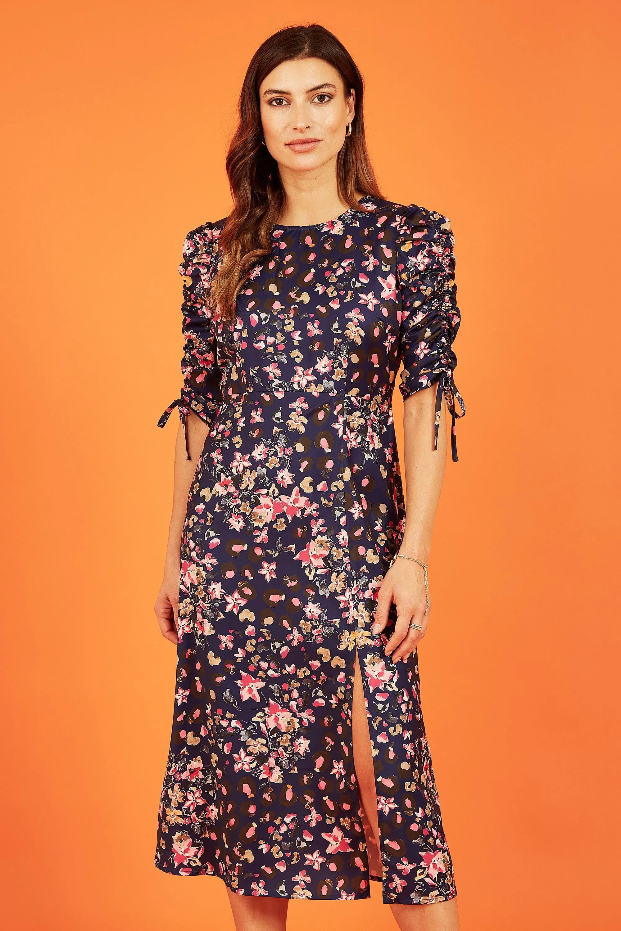 Yumi Navy Animal Floral Print Ruched Sleeve Midi Dress