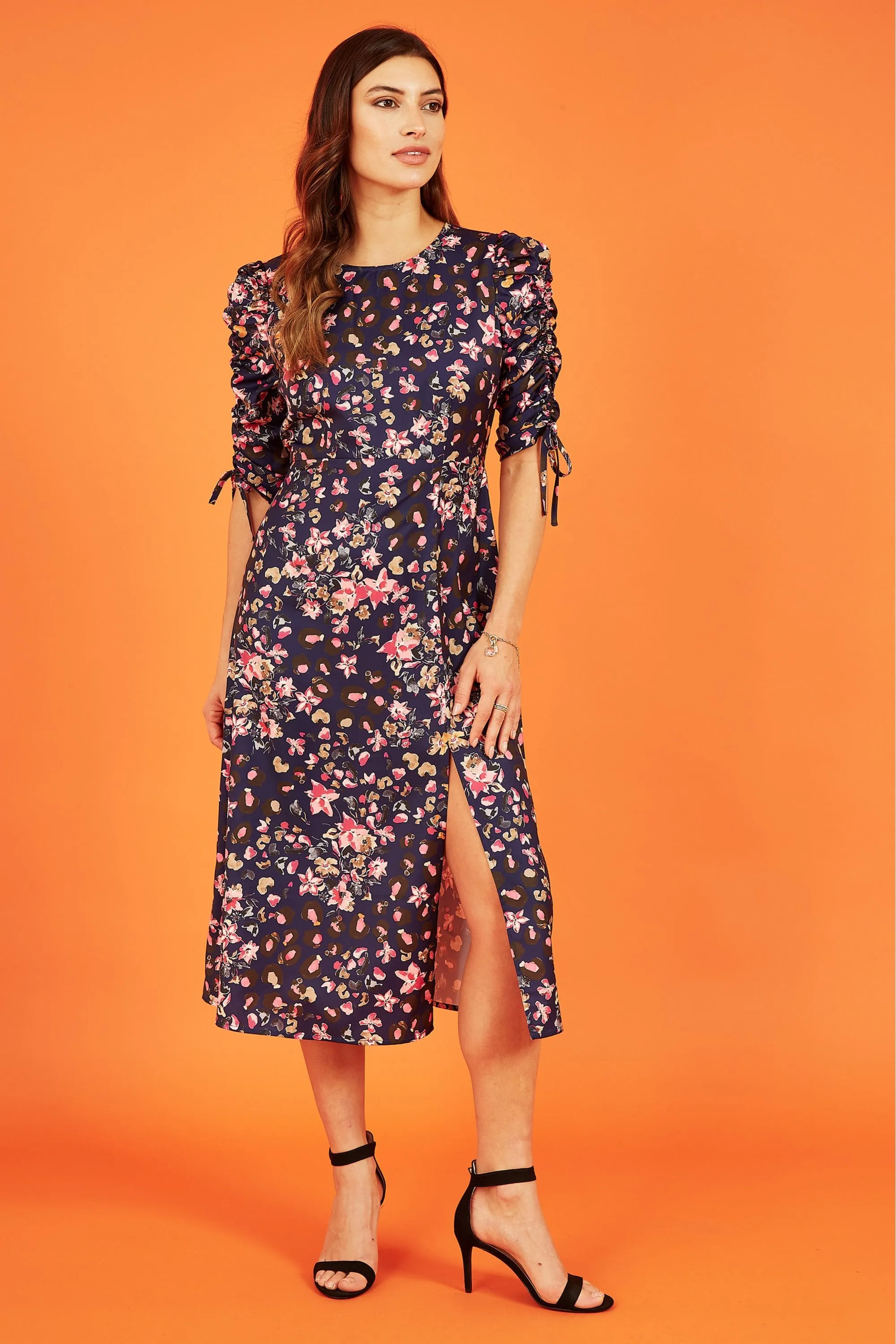 Yumi Navy Animal Floral Print Ruched Sleeve Midi Dress