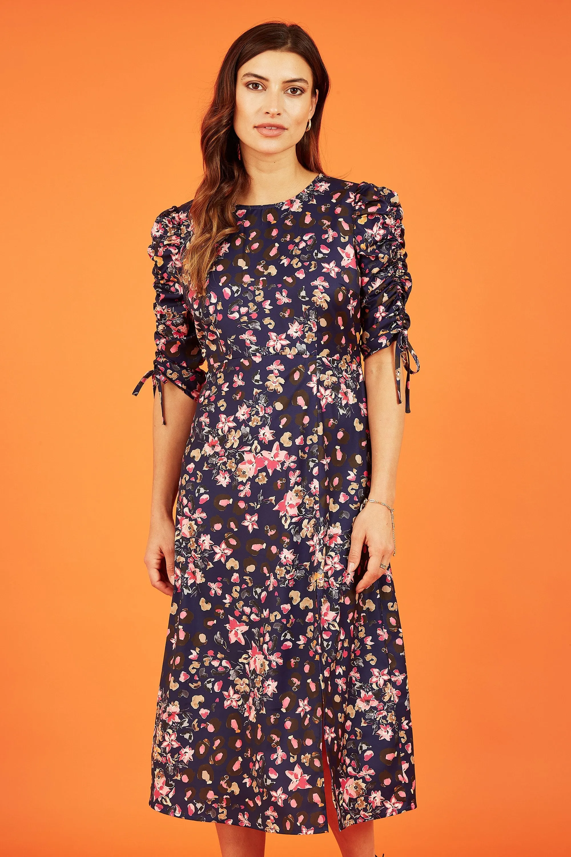 Yumi Navy Animal Floral Print Ruched Sleeve Midi Dress