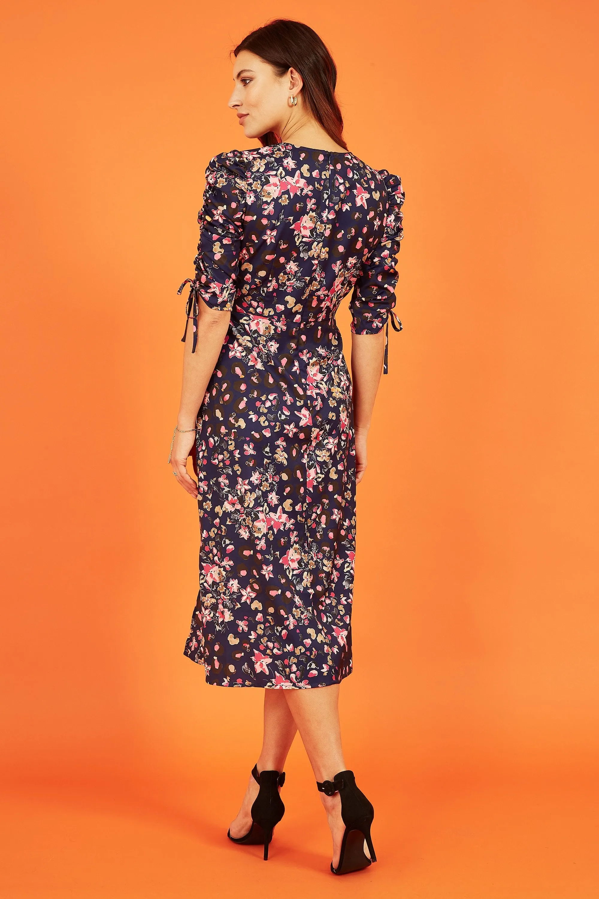 Yumi Navy Animal Floral Print Ruched Sleeve Midi Dress