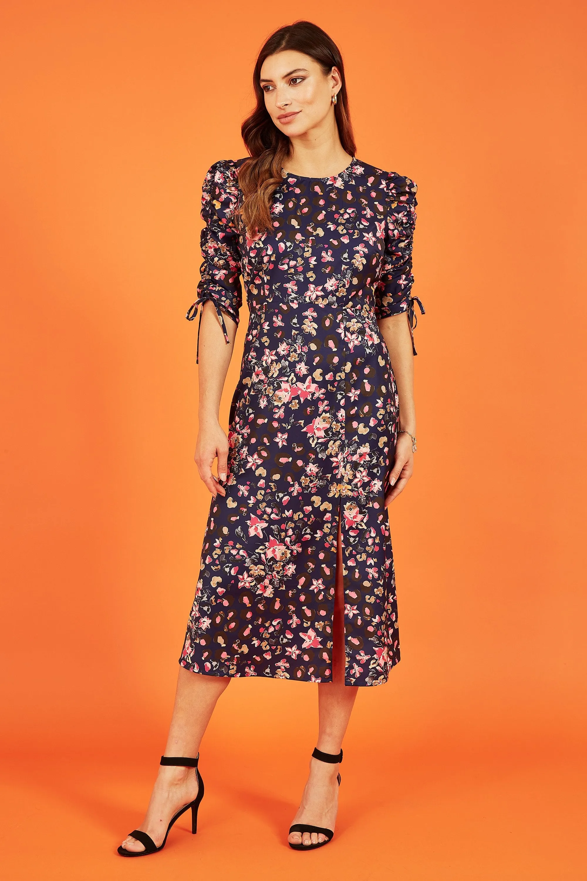 Yumi Navy Animal Floral Print Ruched Sleeve Midi Dress