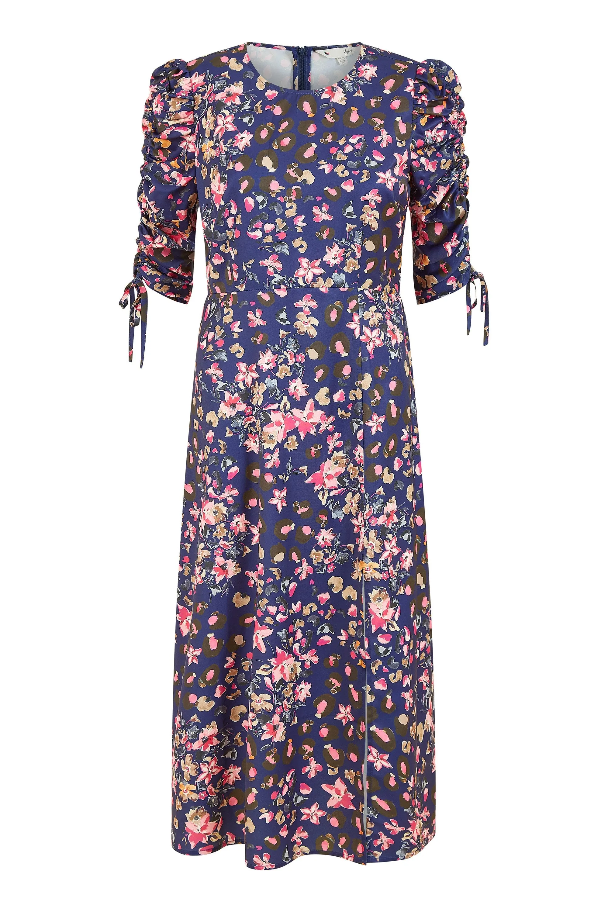 Yumi Navy Animal Floral Print Ruched Sleeve Midi Dress